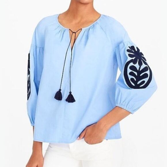J. Crew Blue Navy Balloon Embroidered Boho Peasant Top Women’s XXS - Picture 1 of 5